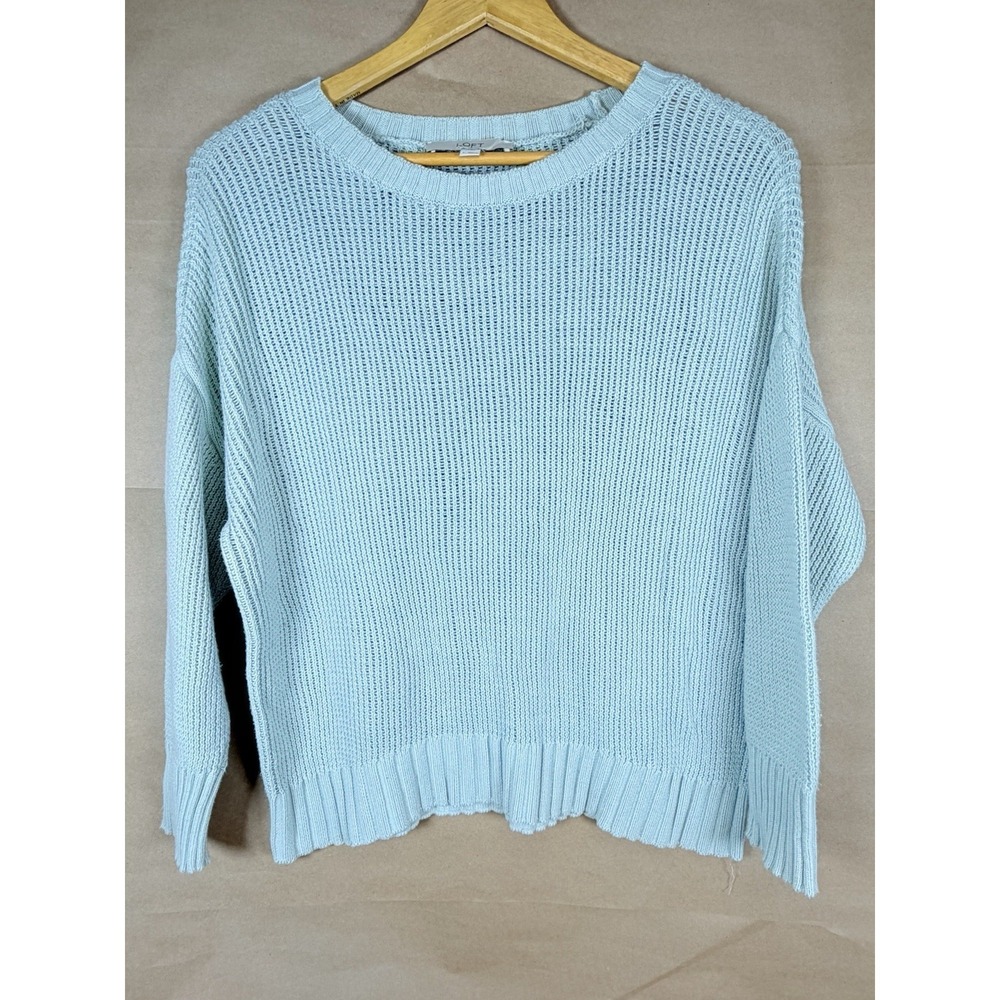 LOFT Womens L Light Blue Open Knit Sweater 100% Cotton Crew Neck Pullover